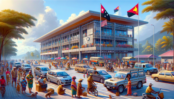 A horizontal image of the Post PNG Philatelic Bureau in Papua New Guinea, now including local people and vehicles. The scene is lively and captures the essence of Papua New Guinea's vibrant culture. Local people, dressed in a mix of traditional Papua New Guinean attire and modern clothing, are seen walking around, engaging in daily activities near the building. The area is buzzing with various local vehicles, such as cars and motorbikes, reflecting the busy life of the city. The Papua New Guinean flag is prominently displayed, adding a sense of national pride to the scene. The building itself combines modern and traditional architectural elements, with a distinctive Papua New Guinean flair, set against a backdrop of a clear, sunny sky.