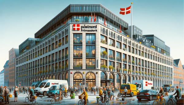 A full horizontal image depicting the PostNord Frimærker - Post Danmark building in Denmark, without cropping the sides and ensuring the image fills the entire field. The scene is lively and bustling with activity, reflecting a typical day in urban Denmark. Local Danish people are seen in various attire, indicative of the Scandinavian lifestyle, with some riding bicycles and others walking, capturing the essence of Danish daily life. Nearby, there are Danish vehicles, including cars, delivery vans, and bicycles, showcasing the local mode of transportation. A Danish flag is prominently displayed, either on a flagpole or attached to the building, symbolizing national pride. The architecture of the building combines modern Scandinavian design with traditional Danish elements, featuring clean lines, large windows, and a minimalist aesthetic.