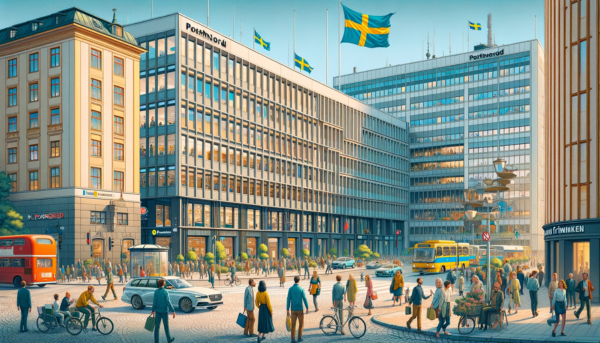 A horizontal image of the PostNord Frimärken building in Sweden, featuring local people, vehicles, and the Swedish flag. The scene captures the vibrant daily life in Sweden with people in a mix of Scandinavian-style clothing, walking and engaging in conversation near the building. Some are seen entering and exiting the building, while others are passing by or pausing to admire the architecture. The streets are lined with typical Swedish vehicles, including cars, bicycles, and public buses, adding a dynamic element to the scene. The Swedish flag is prominently displayed, either on a flagpole or attached to the building, symbolizing national pride. The architecture of the building is modern Scandinavian, with clean lines, large windows, and an efficient, functional design.