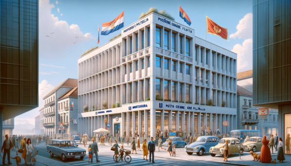 A horizontal image depicting the Pošta Crne Gore Filatelija (Montenegro Post Philately) building, including local people, vehicles, and the Montenegrin flag. The building has a contemporary European design, with clean lines and a blend of glass and concrete materials. It's a two-story structure with the entrance marked by the name 'Pošta Crne Gore Filatelija'. The scene captures the vibrant street life of Montenegro, with people in various European-style attire walking, talking, and going about their day. Nearby, there are typical Montenegrin vehicles like cars and bicycles. A prominent Montenegrin flag is visible, either on a flagpole or attached to the building, symbolizing national pride. The setting is urban, with a clear blue sky above.