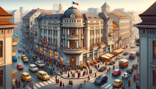 A horizontal, full-frame image of the Poșta Moldovei Filatelia building in Moldova, including local people, vehicles, and the Moldovan flag. The scene captures the vibrant street life surrounding the building, set in an urban Moldovan environment. There are people dressed in a variety of styles, from traditional Moldovan attire to contemporary fashion, engaging in daily activities, walking, and interacting near the building. The streets are bustling with typical Moldovan vehicles such as cars and bicycles. The Moldovan flag is prominently displayed, either on a flagpole or attached to the building, symbolizing national pride. The architecture of the Poșta Moldovei Filatelia building reflects a blend of modern and traditional European styles, fitting seamlessly into the lively urban backdrop.