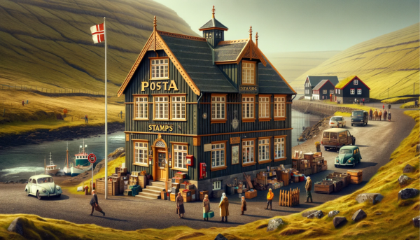 A horizontal, full-frame image of the Posta Stamps building in the Faroe Islands, including local elements. The scene captures the charm of the Faroe Islands, with the Posta Stamps building featuring traditional Nordic architecture. It's a quaint, two-story structure with a pitched roof, wooden walls painted in a distinctive color, and small, paneled windows. The setting is vibrant with local Faroese people in a mix of traditional and modern attire, reflecting the island's culture. They are seen walking and engaging near the building. Also included are typical Faroese vehicles like small cars and fishing boats nearby, indicative of the island's lifestyle. The Faroe Islands flag is prominently displayed, adding a sense of local pride. The surrounding landscape is rugged with grassy hills and a view of the North Atlantic Ocean in the background.