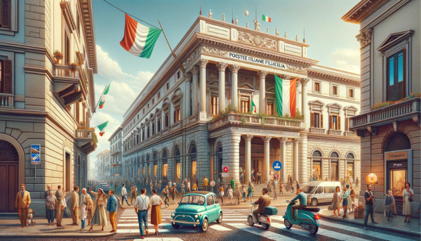 A full-width horizontal image of the Poste Italiane Filatelia building in Italy, vividly capturing local life with people, vehicles, and the Italian flag. The architecture is distinctly Italian, showcasing elegant facades with classic Romanesque features. The bustling street scene includes Italians in a variety of attire, from fashionable modern clothes to traditional outfits, reflecting Italy's rich cultural diversity. The street is lined with typical Italian vehicles, including stylish scooters and compact cars, adding a dynamic urban feel. The Italian flag is prominently displayed, fluttering in the breeze, symbolizing national pride. This image offers a broad, vibrant view of the setting, fully utilizing the horizontal space to showcase the lively Italian atmosphere.