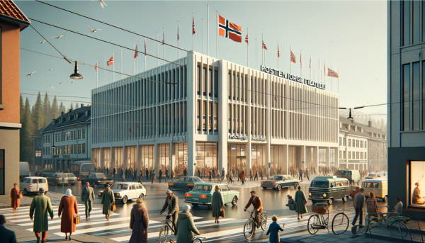 A horizontal image of the Posten Norge Filateli building in Norway, including local people, vehicles, and the Norwegian flag. The scene reflects a typical day in urban Norway, with locals in a mix of traditional and modern attire. They are walking, chatting, and engaging in daily activities near the building. The building itself showcases modern Scandinavian architecture, with clean lines, a minimalist design, and large glass windows. Typical Norwegian vehicles, like cars and bicycles, are visible on the street, adding to the urban atmosphere. Prominently displayed is the Norwegian flag, either on a flagpole or attached to the building, symbolizing national pride. The setting is complemented by a clear sky, typical of a bright Norwegian day.