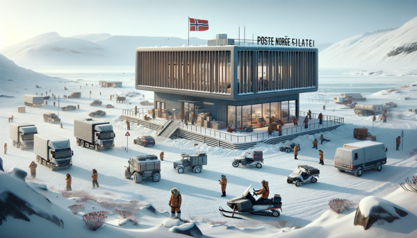 A horizontal image depicting the Posten Norge Filateli building in the Svalbard and Jan Mayen region. The scene is set in a cold, Arctic environment, showcasing a modern Nordic architectural style building. It's a medium-sized, single-story structure with a simple, sleek design, primarily made of wood and glass. The environment around the building is snowy, with a few sparse Arctic plants. Local people are dressed in warm, winter clothing, going about their daily activities, and some are interacting near the building. The vehicles are typical for Arctic regions, including snowmobiles and rugged all-terrain vehicles. A Norwegian flag is prominently displayed, symbolizing the building's affiliation with Norway, set against a backdrop of a clear, cold sky.