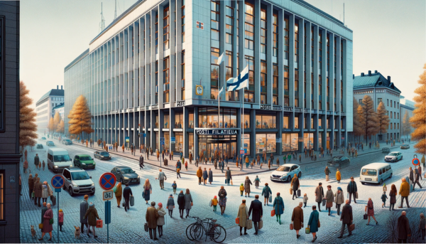 A horizontal image of the Posti Filatelia building in Finland, filling the entire frame without cropping the sides. The scene is bustling with Finnish urban life. Local Finnish people, dressed in a mix of seasonal attire suitable for Finland's climate, are seen walking, conversing, and engaging in their daily routines around the building. Some are entering and exiting the Posti Filatelia building. The street is lined with typical Finnish vehicles, such as cars and bicycles, reflecting the local transportation. Prominently, the Finnish flag is displayed, either on a flagpole or attached to the building, symbolizing national pride. The building itself is modern with a Nordic architectural design, featuring clean lines, large windows, and a functional yet aesthetic structure.