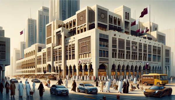 A horizontal image of the Qatar Post Philatelic building, bustling with local life. The scene captures the essence of a day in urban Qatar, with local people in a blend of traditional Qatari attire and modern clothing. They are walking, engaged in conversations, and going about their daily activities around the building. The street is active with typical Qatari vehicles, including luxury cars and traditional modes of transport, reflecting the affluent and culturally rich environment. Prominently featured in the scene is the Qatari flag, either flying on a flagpole or displayed on the building. The architecture of the building blends modern and traditional Arabic styles, with distinctive features such as geometric patterns and large windows.
