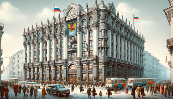 A horizontal image depicting the Russian Post Philately building with local people, vehicles, and the Russian flag. The building has a classic Russian architectural style, featuring a combination of ornate details and modern elements. It's a large, multi-story structure with stone walls and large windows. The scene around the building is bustling with activity, showing local Russians in various attire. Some are walking by, others are standing and conversing. The street is filled with typical Russian vehicles like cars and city buses. The Russian flag is prominently displayed, either flying on a flagpole or draped on the building, symbolizing national pride. The atmosphere is lively and typical of a busy Russian urban area.