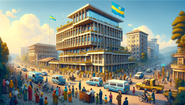 A horizontal image of the Rwanda Utilities Regulatory Authority Philatelic building, including local people, vehicles, and a Rwandan flag. The scene depicts the vibrant daily life in Rwanda. Local people in a mix of traditional Rwandan and modern attire are seen engaging in various activities, some walking and others interacting near the building. The street is bustling with local vehicles such as motorcycles and compact cars, reflecting the lively urban environment. The Rwandan flag is prominently displayed, either on a flagpole or on the building, symbolizing national pride. The building itself combines modern and traditional Rwandan architectural elements, with a unique design that stands out in the urban landscape, under a clear, bright sky.