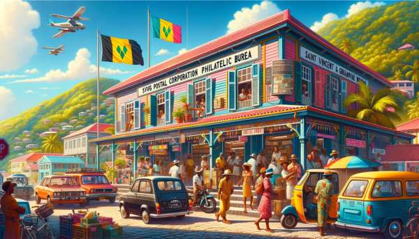 A horizontal image of the SVG Postal Corporation Philatelic Bureau in Saint Vincent and the Grenadines, featuring local people, vehicles, and the national flag. The scene is vibrant and colorful, capturing the essence of Caribbean life. Local people, dressed in a mix of traditional and modern tropical attire, are seen walking, conversing, and going about their daily routines near the building. Typical Caribbean vehicles, like small colorful cars and scooters, are parked or moving along the street. The national flag of Saint Vincent and the Grenadines is prominently displayed, adding a patriotic touch to the scene. The building itself reflects a tropical architectural style, with bright colors, large windows, and a relaxed ambiance, set against a clear Caribbean sky.