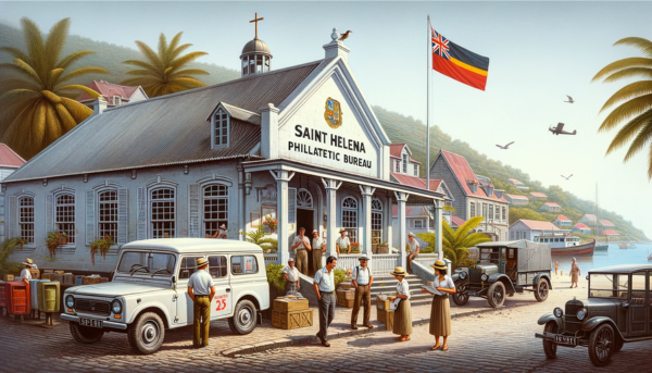 A horizontal image depicting the Saint Helena Philatelic Bureau, including local people, vehicles, and the Saint Helena flag. The scene is set in a quaint, historic setting typical of Saint Helena. The Bureau building is a charming, one-story structure with a colonial architectural style, featuring white walls and a pitched roof. Local people in casual attire are seen walking and interacting near the building, reflecting the island's laid-back lifestyle. A few characteristic local vehicles, such as small cars and utility vehicles, are parked or moving along the nearby street. The Saint Helena flag is prominently displayed, either on a flagpole or on the building, adding a touch of local pride. The surrounding environment includes some greenery and a clear sky, emphasizing the island's serene atmosphere.