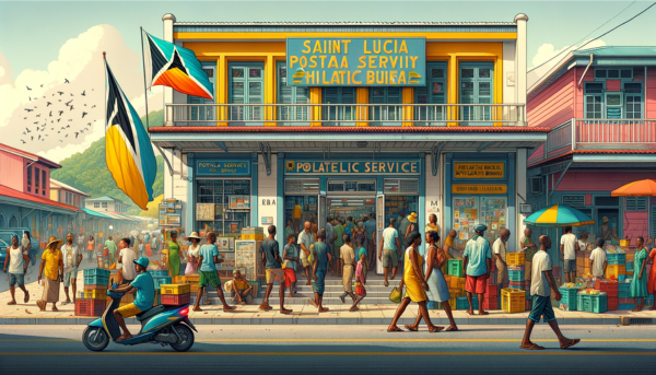 A horizontal image depicting the Saint Lucia Postal Service Philatelic Bureau, bustling with local life. The scene captures the vibrant Caribbean atmosphere, with local people in colorful attire typical of Saint Lucia, moving about their daily activities. They are walking, chatting, and some are entering or exiting the Bureau. The street is lined with a mix of local vehicles, including cars and scooters, reflecting the lively urban environment. Prominently displayed is the flag of Saint Lucia, perhaps on a flagpole or draped from the building, symbolizing national pride. The architecture of the Bureau blends modern and Caribbean styles, with bright colors and a welcoming entrance.