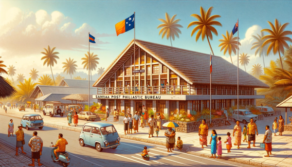A horizontal image depicting the Samoa Post Philatelic Bureau, including local people, vehicles, and the Samoan flag. The building is designed in a style that blends modern and traditional Samoan architectural elements, featuring a thatched roof, wooden structures, and large windows. It's a single-story building set in a tropical landscape with palm trees. The scene is lively, with local Samoans in colorful attire, some walking and others conversing near the building. The area is bustling with typical Samoan vehicles like small cars and scooters. The Samoan flag is displayed prominently, either on a flagpole or on the building, symbolizing national pride. The setting is a sunny day with a clear blue sky, typical of the Samoan islands.