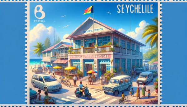 A horizontal image of the Seychelles Postal Services Philatelic Bureau, featuring local people, vehicles, and the Seychelles flag in a vibrant setting. The building showcases a modern, tropical architectural style, with colorful walls and a relaxed island atmosphere. The scene is bustling with locals in casual attire typical of the Seychelles, some walking, others conversing near the building. The street scene includes typical island vehicles like bicycles and small cars, reflecting the laid-back lifestyle of the Seychelles. The Seychelles flag is prominently displayed, adding a touch of national pride. The background features a bright blue sky and lush greenery, typical of the island's scenic beauty.