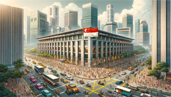 A horizontal image depicting the Singapore Post Philatelic building, bustling with local people and vehicles, and displaying the Singaporean flag. The scene is set in an urban area of Singapore, capturing the city's modern vibe. The building itself is a blend of contemporary and Asian architectural styles, featuring sleek lines and a glass facade. It's surrounded by a crowd of local people in diverse attire, representing Singapore's multicultural society. The streets are busy with a mix of Singaporean vehicles, including cars, taxis, and buses. Prominently, the Singaporean flag is displayed, either on a flagpole or on the building, symbolizing national identity. The atmosphere is lively and dynamic, typical of a day in Singapore.