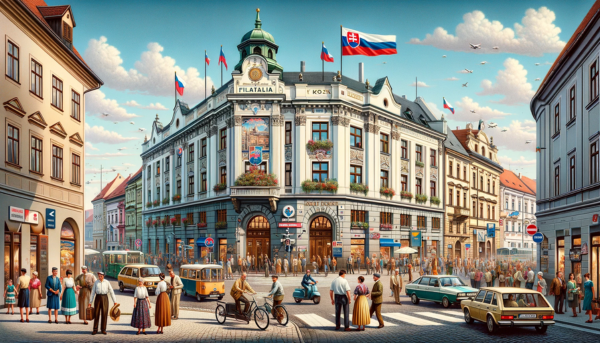 A horizontal image of the Slovenská Pošta Filatelia building in Slovakia, incorporating local people, vehicles, and the Slovakian flag. The scene depicts a vibrant street setting typical of a Slovakian city. People are seen in a mixture of traditional Slovakian dress and modern attire, engaging in daily activities, walking, and interacting near the building. The street is bustling with local vehicles, including cars and bicycles, adding a lively atmosphere to the setting. The Slovakian flag is prominently displayed, either on a flagpole or on the building, symbolizing national pride. The building itself reflects a blend of modern and traditional Slovakian architectural styles, with a distinct European influence.