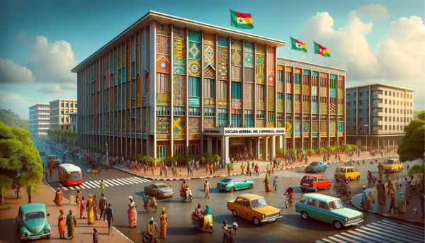 A full horizontal image of the Sociedad General de Correos de Guinea Ecuatorial Filatelia building in Equatorial Guinea, with people, vehicles, and the national flag. The building reflects a blend of modern and African architectural styles, featuring a colorful facade with patterns inspired by local art. It's a two-story structure with large windows and a prominent entrance. The scene is vibrant, with local people in a mix of traditional African and contemporary attire. They are walking, talking, and engaging in daily activities. The street is alive with typical Equatorial Guinean vehicles like cars and motorbikes. The flag of Equatorial Guinea is displayed prominently, adding a patriotic touch to the lively urban environment. The sky is clear, showcasing a typical day in Equatorial Guinea.