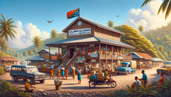 A horizontal image of the Solomon Islands Postal Corporation Philatelic building, including local people, vehicles, and the Solomon Islands flag. The scene depicts a vibrant island atmosphere with locals in tropical attire. People are seen walking, conversing, and engaging in daily activities near the building, which reflects a blend of modern and traditional Pacific architecture. The building is a one-story structure with wooden elements and a thatched roof. Local vehicles like small trucks and scooters are parked or moving along a nearby street. The Solomon Islands flag is prominently displayed, either on a flagpole or on the building, adding a national touch to the setting. The environment is lush with tropical plants, under a clear blue sky, typical of the island's natural beauty.