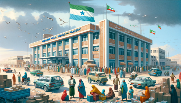 A horizontal image depicting the Somaliland Postal Service Philatelic building, surrounded by local people, vehicles, and the Somaliland flag. The building is designed in a simple, modern architectural style, with a two-story structure featuring a flat roof and large windows. Around the building, there are local people wearing a mix of traditional Somali attire and modern clothing. They are engaged in various activities such as walking, talking, and entering the building. The streets are bustling with local vehicles like cars and motorcycles, adding a sense of daily life in Somaliland. Prominently displayed is the flag of Somaliland, either on a flagpole or attached to the building, showcasing national pride. The atmosphere is lively and depicts a typical day in urban Somaliland.