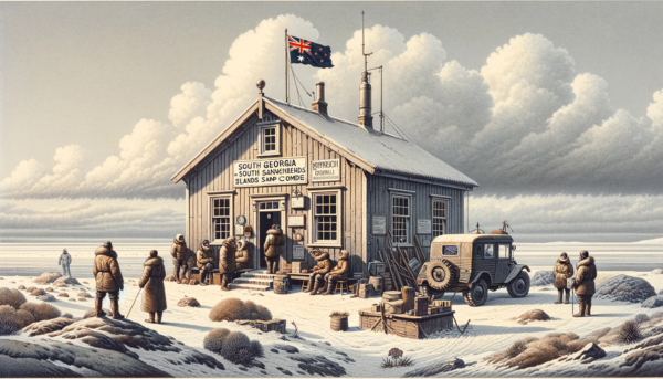 A horizontal image depicting a scene at the South Georgia and the South Sandwich Islands Stamp Company. The setting is a small, remote building reflecting a simple, rugged architectural style suited to the harsh climate of the islands. The structure is modest, with a sturdy, weather-resistant design, featuring large windows and a prominently displayed company sign. Surrounding the building is a sparse landscape with a few hardy plants. The scene includes a few local people dressed in heavy, warm clothing suitable for the cold environment, and a small, sturdy vehicle, like an all-terrain vehicle, parked nearby. A flagpole is present, flying the flag of South Georgia and the South Sandwich Islands, adding a touch of local identity to the scene.