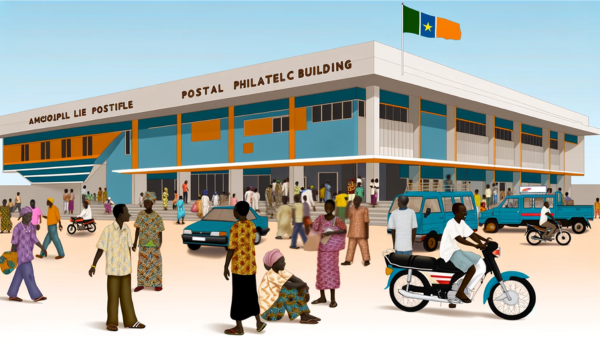 A horizontal image depicting the African Postal Philatelic building, now bustling with local people and vehicles. The scene captures a typical African urban setting, with diverse individuals wearing a mix of traditional African and modern casual clothing. They are engaged in various activities like walking, talking, and interacting near the building. The streets are alive with local vehicles, including cars and motorcycles, representing the dynamism of African cities. A flag, representative of a generic African nation, is prominently displayed on a flagpole or on the building itself. The building reflects a modern African architectural style, with bold geometric shapes and vibrant colors, standing against a clear blue sky.