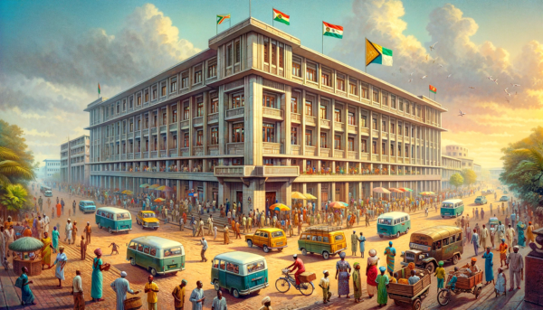 A horizontal image depicting the African Post Philatelic building, now bustling with local people and vehicles. The scene is vibrant, capturing the essence of a bustling African city. Local people in a mix of traditional African attire and modern clothing are seen walking, conversing, and engaging in various activities around the building. The streets are alive with typical African vehicles like minibuses and motorcycles, adding a sense of local dynamism. A prominent flag, representative of an African nation, is displayed either on a flagpole or on the building, symbolizing the diverse cultural heritage of the continent. The architecture of the building blends modern elements with traditional African designs, featuring a flat roof and large windows.