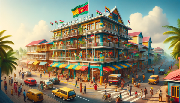 A horizontal image of the Surpost Filatelic Bureau in Suriname, including local people, vehicles, and the Surinamese flag. The scene depicts a lively and colorful street environment typical of Suriname. The building is designed in a modern Caribbean architectural style with bright colors and large windows. Local people in a mix of traditional and modern clothing are seen walking, socializing, and conducting their daily activities around the building. The street is bustling with various local vehicles such as cars, bicycles, and perhaps a small bus. The Surinamese flag is prominently displayed, either flying on a flagpole or hanging from the building, symbolizing national pride. The setting is vibrant, reflecting the diverse culture of Suriname.