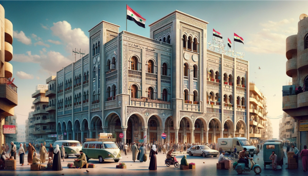 A horizontal image depicting the Syrian Post Philatelic building with local people, vehicles, and a Syrian flag. The building is designed in a contemporary Middle Eastern architectural style, featuring elements like arches and geometric patterns. It's a medium-sized, two-story structure with a combination of stone and modern materials. The scene is vibrant, showing daily life in Syria. Local people in a mix of traditional and modern clothing are walking, talking, and conducting their business around the building. The streets are bustling with typical Syrian vehicles, including cars and scooters. Prominently displayed is the Syrian flag, either on a flagpole or on the building, adding a sense of national identity to the scene. The sky is clear, and the overall atmosphere is lively and authentic.