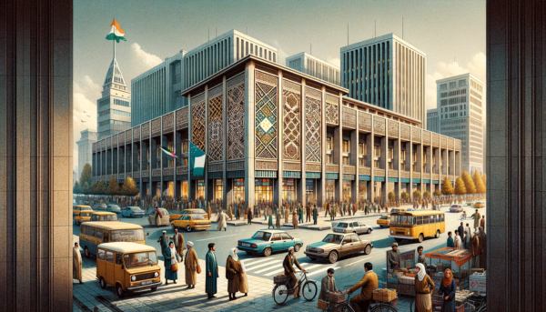 A horizontal image of the Tajikistan Post Philatelic building, now including local people, vehicles, and the Tajik flag. The setting is an urban street scene in Tajikistan. The building itself combines modern and traditional Tajik architectural styles, featuring a flat roof and intricate geometric patterns on its facade. Around the building, local people in a mix of traditional Tajik and modern clothing are seen going about their daily lives, some entering and exiting the building. The street is filled with a variety of local vehicles, such as cars and bicycles, adding a sense of everyday activity. Prominently displayed is the Tajik flag, either flying on a flagpole or affixed to the building, symbolizing national pride and identity. The atmosphere is lively and captures the essence of Tajik urban life.