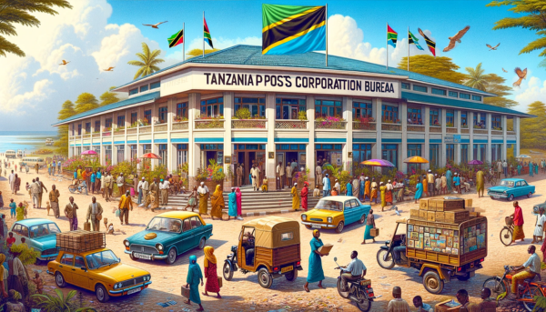 A horizontal image depicting the Tanzania Posts Corporation Philatelic Bureau, with local people, vehicles, and the Tanzanian flag. The scene is vibrant and bustling with the daily life of Tanzania. Local people in a mix of traditional Tanzanian attire and modern clothing are seen walking, conversing, and engaging in various activities around the building. There are typical Tanzanian vehicles, including cars, motorcycles, and possibly bicycles, adding a sense of liveliness. The Tanzanian flag is prominently displayed, symbolizing national pride. The building itself reflects a blend of modern and traditional African architectural styles, fitting seamlessly into the lively urban environment.