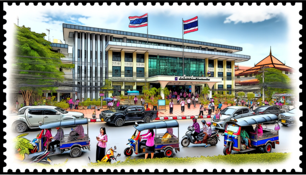 A horizontal image of the Thailand Post Philatelic building, including local people and vehicles. The scene is vibrant, reflecting a busy day in urban Thailand. The building is designed in a modern architectural style with Thai cultural influences, featuring large windows and a sleek facade. In front of the building, there are Thai people in a mix of traditional and contemporary clothing, engaging in various activities like walking, talking, and using their phones. The street is bustling with typical Thai vehicles, including tuk-tuks, motorcycles, and cars. A prominent Thai flag is visible in the scene, either on a flagpole near the building or attached to the facade, adding a patriotic feel. The overall atmosphere is lively and colorful, typical of a Thai urban setting.