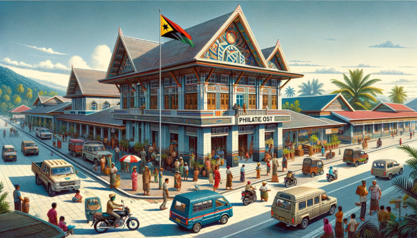 A horizontal image depicting the Timor Post Philatelic building in Timor-Leste, with local people, vehicles, and the national flag. The building features a blend of modern and traditional Timorese architectural styles, with a color palette reflecting the tropical environment. It's a two-story structure with a unique roof design and large windows. The scene is bustling with local people in a mix of traditional Timorese and contemporary clothing. They are engaged in daily activities, some entering the building, others chatting nearby. Various local vehicles, like motorcycles and small cars, are seen on the street, adding to the lively atmosphere. The Timor-Leste flag is prominently displayed, symbolizing national pride. The background is a clear sky, typical of a bright day in Timor-Leste.