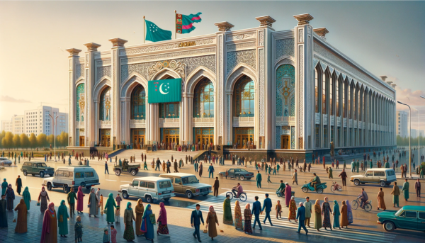 A horizontal image depicting the Turkmenpochta Philatelic building in Turkmenistan, including local people, vehicles, and the Turkmenistan flag. The building reflects a unique blend of modern and traditional Turkmen architecture, with ornate designs and a grand entrance. The scene is vibrant with local people in a mix of traditional Turkmen dress and modern clothing, bustling around the building. They are seen walking, talking, and engaging in various activities. The streets are dotted with local vehicles, such as cars and bicycles, adding to the lively atmosphere. Prominently displayed is the Turkmenistan flag, either on a flagpole or attached to the building, symbolizing national pride. The setting is an urban area with a clear sky, reflecting the dynamic culture of Turkmenistan.