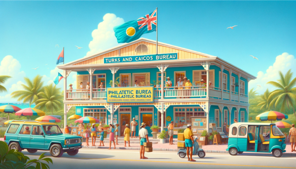 A horizontal image of the Turks and Caicos Philatelic Bureau building, featuring local people, vehicles, and the Turks and Caicos flag. The scene is set in a tropical environment, with the building reflecting a Caribbean architectural style - colorful, with a relaxed and welcoming vibe. It's a one-story structure with wide windows and a shaded porch. Locals in casual, tropical attire are seen walking around, some entering the building. Nearby, there are typical Caribbean vehicles like small cars and scooters. The flag of Turks and Caicos is prominently displayed, fluttering in the gentle island breeze. The sky is clear and blue, complementing the vibrant colors of the building and the surrounding lush greenery.