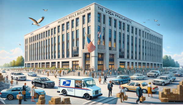 A horizontal image of the USPS Philatelic building in the United States, including local people and vehicles. The scene depicts a bustling urban environment typical of an American city. The building, showcasing a modern American architectural style, is active with people in various attire - business suits, casual clothes, and USPS uniforms - walking in and out. The streets around the building are filled with American-style vehicles like sedans, SUVs, and USPS delivery trucks. The American flag is prominently displayed on a flagpole or on the building, adding a patriotic touch to the scene. The sky is clear, reflecting a bright, sunny day.