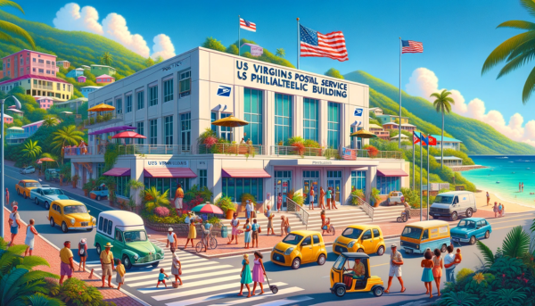 A horizontal image of the USVI Postal Service Philatelic building in the US Virgin Islands, featuring local people, vehicles, and the flag. The scene depicts the vibrant island life with local people in a mix of tropical casual wear and business attire. They are walking around, some entering the building, others chatting nearby. The streets are adorned with typical Caribbean vehicles like colorful small cars and scooters, adding a lively atmosphere. The US Virgin Islands flag is prominently displayed, fluttering in the breeze, symbolizing local pride. The building itself blends modern and Caribbean architectural styles, with bright colors and large windows, set against a backdrop of a clear blue sky.