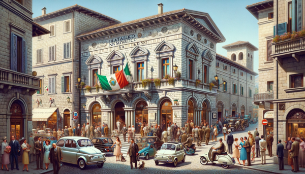 A horizontal image of the Ufficio Filatelico e Numismatico San Marino, bustling with people and local vehicles. The scene captures the charm of San Marino with locals and tourists in various attire, some in elegant European fashion, others in casual wear, exploring the area around the building. The building itself reflects traditional Italianate architecture, with a stone facade, large windows, and detailed carvings. The streets are alive with local Italian-style vehicles, including small cars and scooters. Prominently displayed is the flag of San Marino, either on a flagpole or attached to the building, symbolizing the pride of this small but historic republic. The atmosphere is lively and quintessentially European, under a clear blue sky.