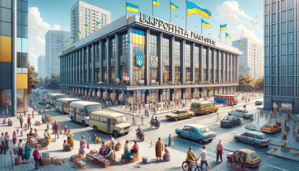 A horizontal image of the Ukrposhta Philatelic building in Ukraine, including local people, vehicles, and the Ukrainian flag. The scene depicts a lively urban environment with local Ukrainians in a mix of traditional and modern attire. They are engaged in various activities, such as walking, talking, and interacting near the building. The streets are bustling with typical Ukrainian vehicles like cars and buses, reflecting the dynamic nature of the city. The Ukrainian flag is prominently displayed, either on a flagpole or attached to the building, symbolizing national pride. The building itself blends modern architectural elements with traditional Ukrainian design, featuring a combination of glass and stone in its construction.