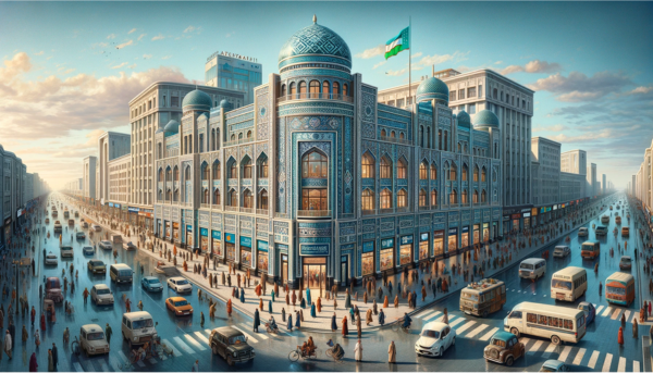 A horizontal image of the Uzbekiston Pochtasi Filateliya building, including local people, vehicles, and the Uzbek flag. The building reflects a blend of modern and traditional Uzbek architecture, with ornate patterns and a striking blue tiled facade. It's a two-story structure, with large windows and an elegant entrance. The bustling scene around the building features local Uzbek people in a mix of traditional and contemporary clothing, engaged in daily activities. The streets are lined with various local vehicles, such as cars and bicycles, adding a sense of urban life. Prominently displayed is the flag of Uzbekistan, either on a flagpole or on the building, symbolizing national identity. The sky is clear, providing a vivid backdrop to the lively urban setting.