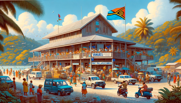 A horizontal image of the Vanuatu Post Philatelic Bureau, including local people, vehicles, and the Vanuatu flag. The scene captures the essence of Vanuatu's tropical setting. The building itself reflects a blend of modern and traditional Pacific Islander architecture, featuring natural wood and stone materials. Local people in colorful attire reflect the vibrant Vanuatu culture, some walking by and others interacting near the building. The area is bustling with typical vehicles such as small trucks and scooters, commonly seen in Vanuatu. The Vanuatu flag is prominently displayed, symbolizing national pride, either on a flagpole or attached to the building. The background is lush with tropical vegetation, under a bright and sunny sky.