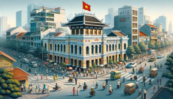 A horizontal image of the Vietnam Post Philatelic building, now with local people and vehicles. The scene is lively, showcasing a typical day in urban Vietnam. There are local people in various attire - some in traditional Vietnamese clothes, others in modern casual wear, moving about their day. They are seen walking, talking, and some interacting near the building. The streets are filled with typical Vietnamese vehicles like motorcycles and bicycles, adding dynamism to the scene. Prominently, the Vietnamese flag is displayed, either on a flagpole or attached to the building, symbolizing national pride. The architecture of the building remains a blend of modern and traditional Vietnamese styles, with a pagoda-style roof and intricate carvings.