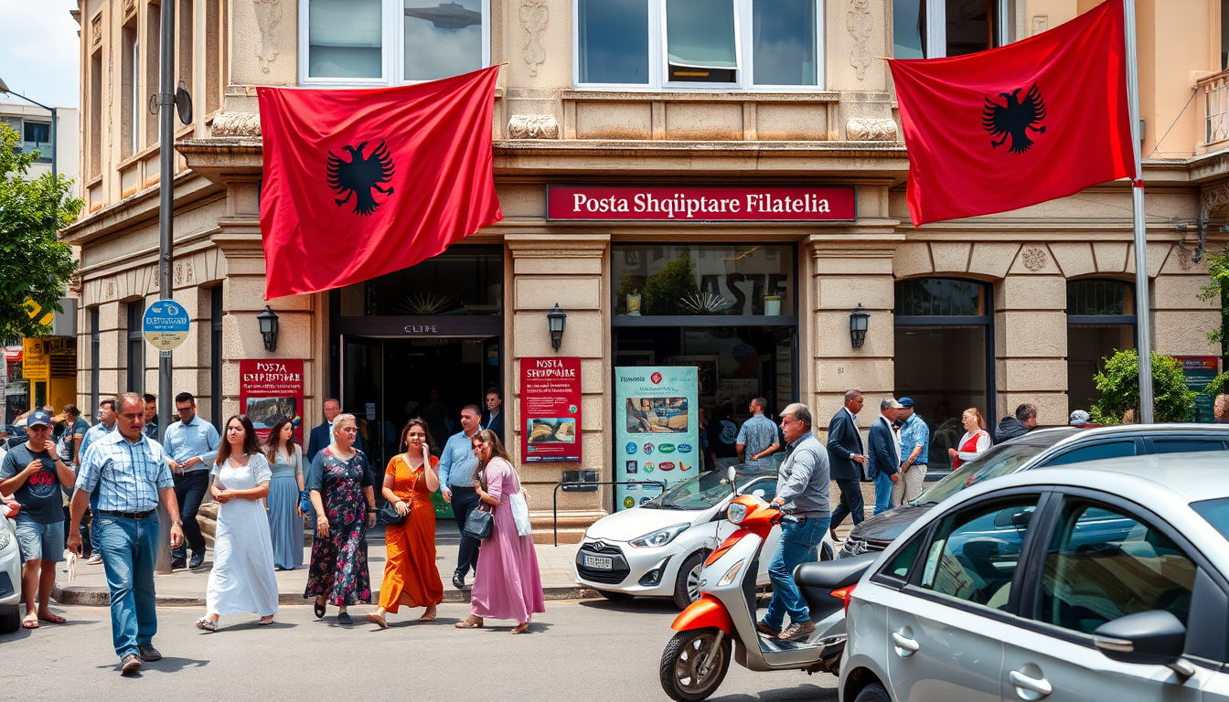 A horizontal image of the Posta Shqiptare Filatelia building in Albania, including local people and vehicles. The scene captures the vibrant street life of Albania. Local people in a mix of traditional Albanian and modern casual attire are depicted engaging in various activities, such as walking, conversing, and going about their daily routines. Some are entering and exiting the building. The street is lined with typical Albanian vehicles like cars and scooters, adding a realistic touch. Prominently displayed is the Albanian flag, either on a flagpole or hanging from the building, symbolizing national pride. The architecture of the building reflects a blend of modern and traditional Albanian styles, with characteristic features and a welcoming entrance.