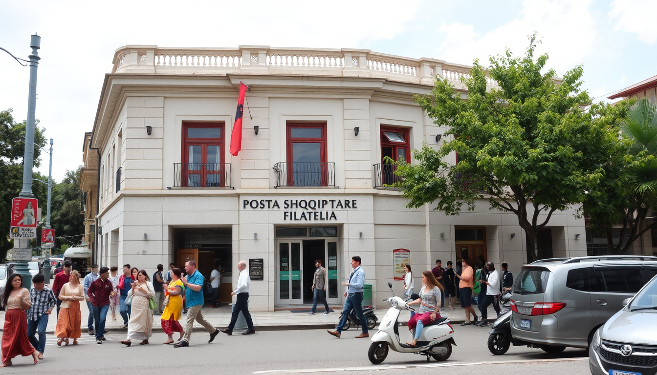 A horizontal image of the Posta Shqiptare Filatelia building in Albania, including local people and vehicles. The scene captures the vibrant street life of Albania. Local people in a mix of traditional Albanian and modern casual attire are depicted engaging in various activities, such as walking, conversing, and going about their daily routines. Some are entering and exiting the building. The street is lined with typical Albanian vehicles like cars and scooters, adding a realistic touch. Prominently displayed is the Albanian flag, either on a flagpole or hanging from the building, symbolizing national pride. The architecture of the building reflects a blend of modern and traditional Albanian styles, with characteristic features and a welcoming entrance.