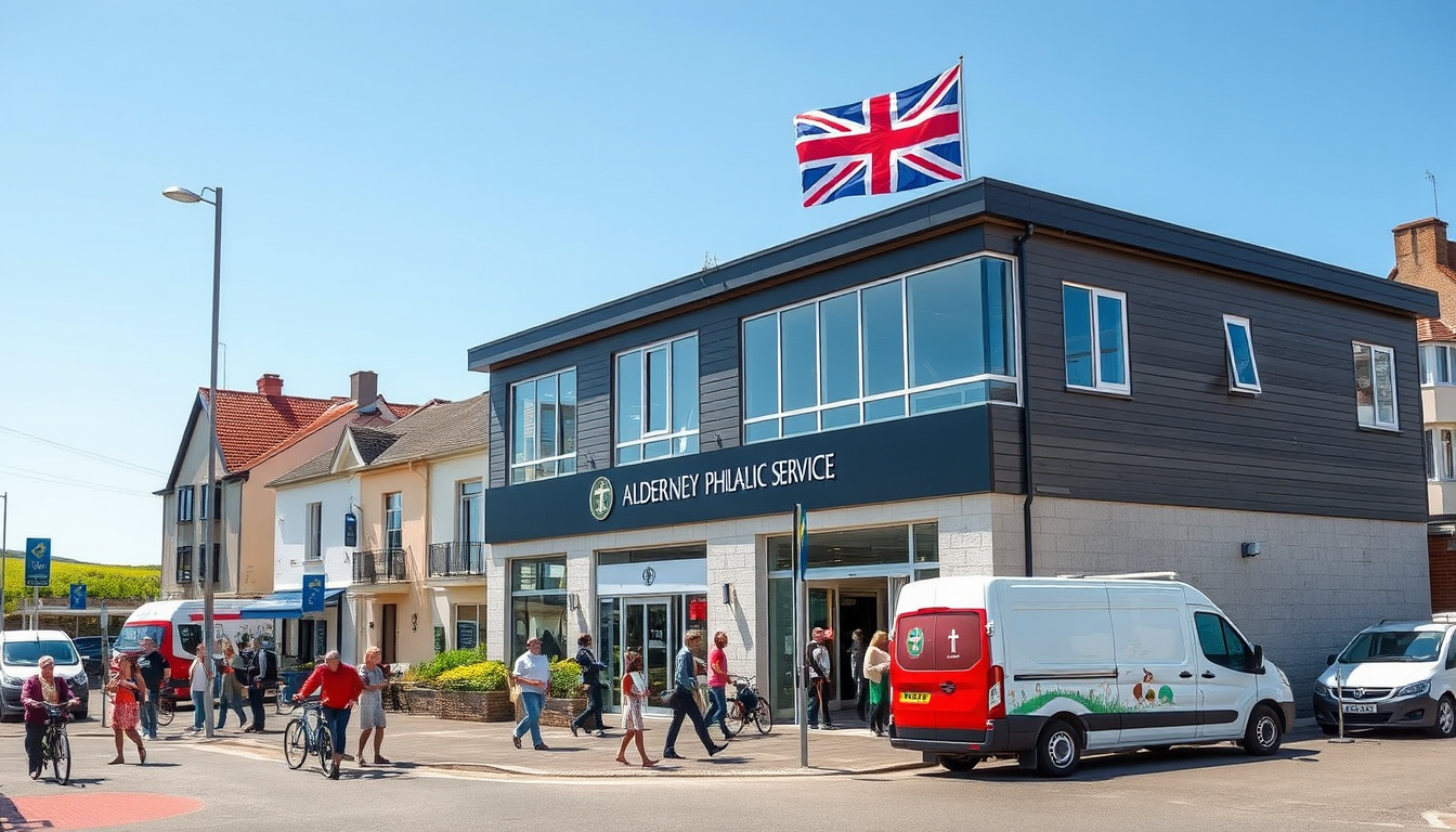 A full horizontal image showcasing the Alderney Stamps - Alderney Philatelic Service building. This depiction includes local people and vehicles, creating a vibrant scene around the building. The architecture combines modern British design with traditional elements, featuring a distinctive entrance marked by the service's name. The environment is lively, with residents and tourists in various attire, reflecting the island's cultural diversity. Nearby, different vehicles such as bikes, cars, and postal vans hint at the daily rhythm of life. A local flag waves prominently, anchoring the scene in its Alderney setting. The sky is clear, suggesting a bright, bustling day. In the image, subtly integrated into the scene, is the URL 'https://www.cryptostampstop.com/', linking to a site associated with philatelic interests.