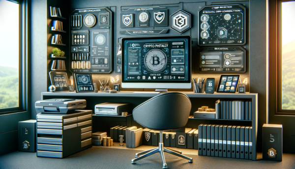 A modern and technologically advanced workspace designed for 'Crypto Philately', featuring various specialized accessories. The scene includes a sleek, contemporary desk with a high-resolution computer screen displaying cryptocurrency wallet software and blockchain applications. On the desk, there's a secure cyber protection setup with advanced encryption tools and a high-speed, stable internet connection device ensuring secure transactions. Educational resources on blockchain and cryptocurrencies are visible on the screen and in physical books nearby. A high-quality printer is stationed next to the desk, ready for printing digital stamp collections. Various physical storage devices for cryptocurrencies, like cold wallets, are prominently displayed, showing their importance in crypto philately. The overall ambiance of the room is futuristic, with a focus on digital technology and security, reflecting the modern twist on traditional philately.