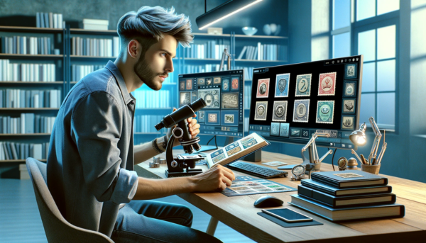 A horizontal image showcasing a young, attractive philatelist sitting at a modern desk, deeply engrossed in reviewing his collection of crypto stamps. The setting is a contemporary, well-lit room. The philatelist has a stylish haircut and a smart casual outfit, symbolizing a modern take on the traditional hobby. On the desk, there are digital albums displayed on a high-resolution computer screen, alongside virtual representations of stamps. The young man is using a digital magnifying tool, possibly an electronic microscope, to closely examine the intricate details of the animated crypto stamps. The desk is equipped with high-tech gadgets like a digital tablet and a sleek laptop, essential for managing and viewing his digital collection. The scene blends the traditional aspects of philately, such as careful examination and appreciation of stamps, with the new-age digital era of crypto stamps, highlighting a fusion of the past and the present.
