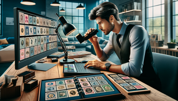 A horizontal image showcasing a young, attractive philatelist sitting at a modern desk, deeply engrossed in reviewing his collection of crypto stamps. The setting is a contemporary, well-lit room. The philatelist has a stylish haircut and a smart casual outfit, symbolizing a modern take on the traditional hobby. On the desk, there are digital albums displayed on a high-resolution computer screen, alongside virtual representations of stamps. The young man is using a digital magnifying tool, possibly an electronic microscope, to closely examine the intricate details of the animated crypto stamps. The desk is equipped with high-tech gadgets like a digital tablet and a sleek laptop, essential for managing and viewing his digital collection. The scene blends the traditional aspects of philately, such as careful examination and appreciation of stamps, with the new-age digital era of crypto stamps, highlighting a fusion of the past and the present.