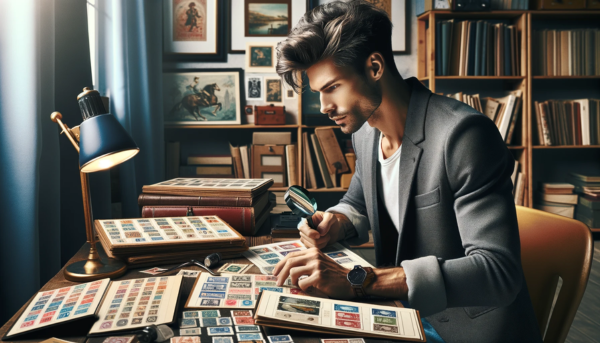 An image showcasing a young, attractive philatelist sitting at a desk, engaged in examining his stamp collection. The scene is set in a well-lit, cozy room. The young man, with a stylish haircut and a casual yet smart outfit, is intently looking through a stamp album. The desk is scattered with several open stamp albums, revealing colorful and diverse stamps from different countries and eras. He holds a magnifying glass in one hand, closely inspecting a particular stamp with interest and focus. On the desk, alongside the albums, are a few loose stamps and philatelic tools such as precision tweezers and a thread counter. The background of the room is adorned with framed pictures of famous stamps and a bookshelf filled with philately literature, creating an ambiance that reflects a passion for stamp collecting and a blend of the traditional and modern aspects of philately.
