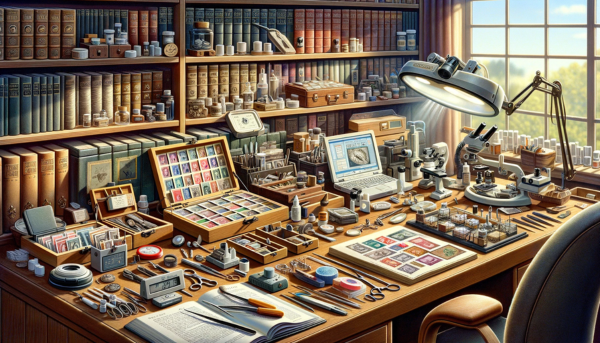 A detailed horizontal image depicting a variety of accessories used in traditional philately. The scene is set in a well-organized philatelist's study room. On a large wooden desk, several stamp albums are neatly stacked. Beside them, a pair of precision tweezers and a magnifying glass rest on an open stamp catalog. An ultraviolet lamp shines a light on a rare stamp, highlighting its features. Nearby, a perforation gauge and stamp cleaning products are arranged next to a pair of cotton gloves. Several trays or boxes filled with stamps are visible, alongside philately software displayed on a computer screen. An electronic microscope or magnifier, a precision scale, and a stamp classifier are prominently featured. A thread counter and a stamp moistener are on the edge of the desk. A watermark detector, a portable carrying case, and a restoration kit are in the background. The shelves are filled with specialized books and literature on philately, alongside scissors designed for philately, markers for identifying reproductions, a fluid for revealing repairs, stamp storage capsules, and high-resolution scanners.