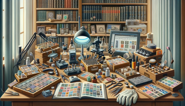 A detailed horizontal image depicting a variety of accessories used in traditional philately. The scene is set in a well-organized philatelist's study room. On a large wooden desk, several stamp albums are neatly stacked. Beside them, a pair of precision tweezers and a magnifying glass rest on an open stamp catalog. An ultraviolet lamp shines a light on a rare stamp, highlighting its features. Nearby, a perforation gauge and stamp cleaning products are arranged next to a pair of cotton gloves. Several trays or boxes filled with stamps are visible, alongside philately software displayed on a computer screen. An electronic microscope or magnifier, a precision scale, and a stamp classifier are prominently featured. A thread counter and a stamp moistener are on the edge of the desk. A watermark detector, a portable carrying case, and a restoration kit are in the background. The shelves are filled with specialized books and literature on philately, alongside scissors designed for philately, markers for identifying reproductions, a fluid for revealing repairs, stamp storage capsules, and high-resolution scanners.